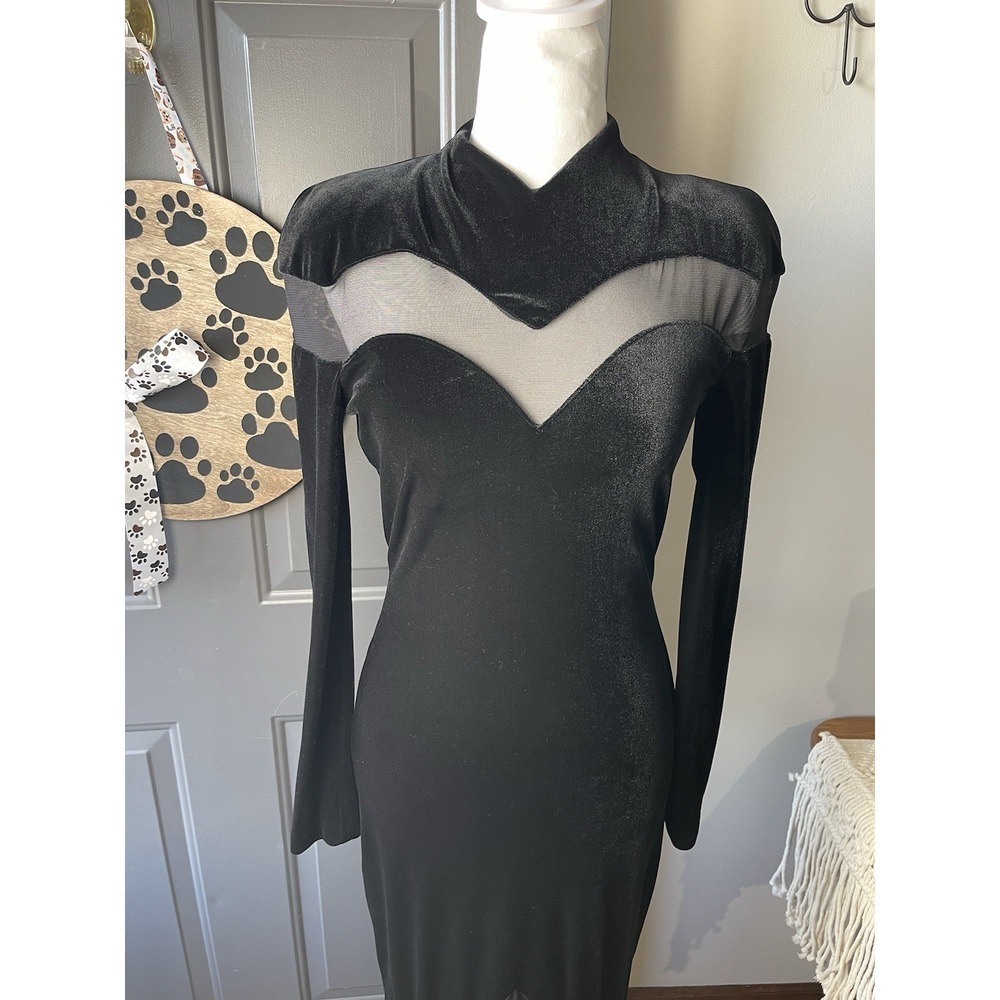 Vintage Cache Gold Label Black Velvet Mesh BodyCon Mermaid Fit Dress Small - Picture 2 of 13